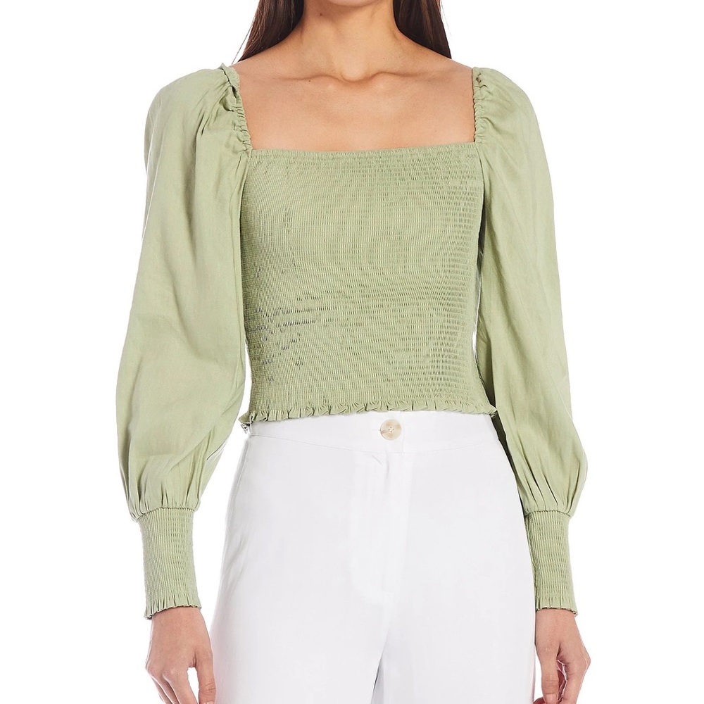 Gianni Bini Angel Square Neck Long Balloon Sleeve Cropped Smocked Blouse
